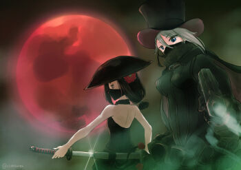 Rule 34 | 2girls, ange (princess principal), black cape, black dress, black gloves, black hair, blue eyes, cape, dress, flower, frilled dress, frills, gloves, green sky, grey eyes, grey hair, gun, hair flower, hair ornament, handgun, hat, jingasa, katana, mask, moon, mouth mask, multiple girls, princess principal, red moon, revolver, signature, sky, sword, top hat, toudou chise, weapon, xin (blueramen)