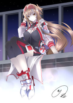 1girl absurdres alternate_costume ankle_boots arm_support armored_boots asuna_(sao) black_shirt black_shorts black_sky boots braid breasts brown_eyes brown_hair check_clothing cleavage clothing_request collared_shirt commentary_request cropped_jacket cyberpunk detached_pants full_body glasses gradient_sky half_up_half_down_braid hand_up high_collar highres jacket knees_up long_hair long_shirt looking_at_viewer maximum7010 medium_breasts multicolored_boots multicolored_jacket open_clothes open_jacket parted_lips purple_sky red-tinted_eyewear red_boots red_jacket red_trim rimless_eyewear shirt shorts sitting sky solo star_(sky) starry_sky sword_art_online three-quarter_sleeves tinted_eyewear two-tone_boots two-tone_jacket white_boots white_jacket white_trim