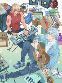 2boys acoustic_guitar alternate_costume amplifier black_pants blonde_hair blue_pants box bracelet brown_shoes bunnyclvb cardboard_box cd cd_case closed_mouth commentary contemporary denim denim_jacket electric_guitar eye_contact frown grey_hair guitar headphones highres holding holding_instrument honkai:_star_rail honkai_(series) instrument jacket jeans jewelry keyboard_(instrument) looking_at_another male_focus multiple_boys music mydei_(honkai:_star_rail) necklace open_clothes open_jacket pants pendant phainon_(honkai:_star_rail) playing_instrument red_shirt shirt shoes sitting sleeveless sleeveless_shirt sneakers vinyl_record white_shirt
