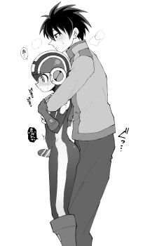 2boys aged_up ass blush bodysuit gloves helmet highres incest kokemega lan_hikari_(mega_man) male_focus mega_man_(series) mega_man_battle_network megaman.exe multiple_boys penis size_difference thigh_sex thighs yaoi