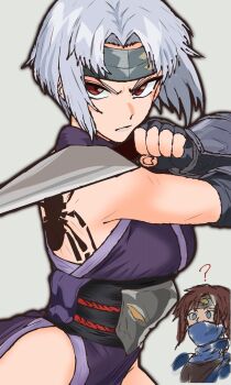 1boy 1girl ? arm_guards back_tattoo brown_hair clenched_hand closed_mouth forehead_protector grey_hair koei kumori_(ninja_gaiden) mask ninja ninja_gaiden ninja_gaiden_ragebound red_eyes serious short_hair simple_background spider_tattoo tattoo