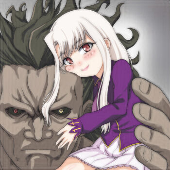 1boy 1girl black_sclera blush brown_hair carrying carrying_person colored_sclera dark_skin fate/grand_order fate/kaleid_liner_prisma_illya fate_(series) giant grey_background heracles_(fate) heterochromia illyasviel_von_einzbern jacket lace lace-trimmed_skirt lace_trim long_hair long_sleeves necktie purple_jacket purple_necktie red_eyes short_hair sidelocks sitting skirt smile t_jiroo_(ringofriend) upper_body white_hair white_skirt yellow_eyes