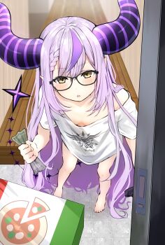 1girl absurdres alternate_costume banknote bare_legs barefoot black_horns blush braid braided_bangs breasts cleavage clenched_hands commentary_request demon_girl demon_horns glasses grey_hair hair_between_eyes highres hololive holox horns indoors la+_darknesss long_hair looking_at_viewer money multicolored_hair nikumega off-shoulder_shirt off_shoulder open_door open_mouth pizza_box pointy_ears purple_hair purple_horns shirt small_breasts solo streaked_hair striped_horns tail very_long_hair virtual_youtuber white_shirt yellow_eyes