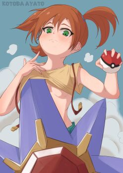 1girl armpits ass asymmetrical_hair back bare_arms bare_shoulders breasts cowboy_shot denim denim_shorts female_focus gen_1_pokemon green_eyes gym_leader hair_tie highres kotoba_ayato looking_at_viewer misty_(pokemon) navel nintendo orange_hair pokemon pokemon_(anime) pokemon_(classic_anime) ponytail shirt short_hair short_shorts shorts side_ponytail small_breasts smile starmie underboob