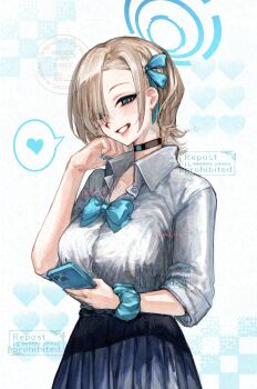 1girl absurdres alternate_hair_length alternate_hairstyle asuna_(blue_archive) asuna_(school_uniform)_(blue_archive) black_choker blonde_hair blue_archive blue_bow blue_eyes blue_halo blue_nails blue_ribbon blue_scrunchie blue_skirt blush bow breasts cellphone choker collared_shirt eyes_visible_through_hair grin hair_over_one_eye hair_ribbon halo hatsumi_aoi highres holding holding_phone large_breasts official_alternate_costume phone pleated_skirt ribbon scrunchie shirt short_hair sidelocks skirt sleeves_rolled_up smartphone smile solo white_shirt wrist_scrunchie