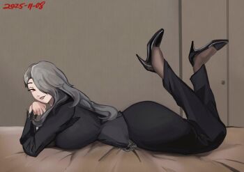 1girl ass black_shoes black_skirt from_side full_body grey_hair high_heels highres judetheobscured long_skirt lying niijima_sae on_stomach pantyhose persona persona_5 red_eyes shoes skirt smile solo