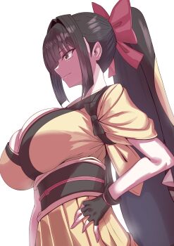 1girl absurdres black_gloves black_hair bow breasts brown_eyes brown_hair cleavage closed_mouth fingerless_gloves from_side gen_3_pokemon gloves hair_bow hair_intakes hand_on_own_hip highres huge_breasts japanese_clothes kimono large_breasts long_hair mawile nintendo obi personification pokemon ponytail red_bow sash sharp_teeth sidelocks simple_background skirt smile smirk solo tasuki teeth very_long_hair white_background yellow_kimono yokomiya4538