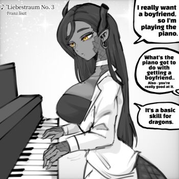 1girl black_shirt breasts broken_horns choker dark-skinned_female dark_skin dragon_girl dragon_horns dragon_tail earrings english_text highres horns huge_breasts instrument jacket jewelry long_hair oligogi_meoggosipda pants piano pointy_ears shirt straight_hair tail very_long_hair white_background white_choker white_jacket white_pants yellow_eyes