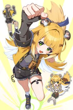 1boy 1girl absurdres animal_ear_fluff animal_ears bald bandaged_arm bandages black_shorts blindfold blonde_hair blue_shoes bow clenched_hand clenched_hands colored_inner_hair commentary_request eyepatch fang green_eyes grey_shirt high-waist_shorts highres jacket ju_fufu leg_up long_hair looking_at_viewer multicolored_hair multiple_views open_mouth shirt shoes shorts socks sparkling_eyes striped_fur striped_hair tail tail_bow tail_ornament thigh_strap tiger_ears tiger_girl tiger_stripes tiger_tail two-tone_background ushiroki white_background white_socks yellow_background yellow_jacket zenless_zone_zero