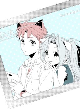 1boy 1girl animal_ears blush breast_pocket cat_ears cellphone chuo_tanegashima_high_school_uniform commentary_request dog_ears dress_shirt grey_hair holding ikuhashi_muiko long_hair looking_at_viewer monochrome open_collar phone pocket red_hair red_shirt ribbon robotics;notes school_uniform science_adventure shirt shirt_under_shirt short_hair smile t-shirt tablet_pc watch white_shirt wristwatch yashio_kaito yukifune_airi