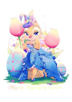 Rule 34 | 1girl, absurdres, alternate costume, animal ears, blue dress, blue eyes, chipmunk ears, chipmunk girl, clarice (disney), disney, dress, easter, easter egg, egg, eyelashes, fake animal ears, flower, hair ornament, highres, looking at viewer, mickey mouse &amp; friends, open mouth, pink flower, pink tulip, rl10 02, smile, solo, tulip