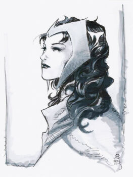1girl 2015 avengers_(series) cloak commentary curly_hair english_commentary greyscale jim_cheung lipstick long_hair looking_up makeup marvel monochrome portrait scarlet_witch sketch solo superhero_costume third-party_source tiara wanda_maximoff western_comics_(style)