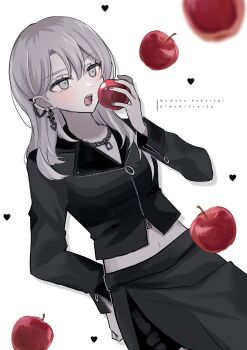 1girl absurdres apple black_jacket black_skirt chain chain_necklace character_name commentary earrings food fruit girls_band_cry grey_eyes grey_hair grey_nails hamchan69 highres holding holding_food holding_fruit jacket jewelry kawaragi_momoka long_hair midriff multicolored_hair necklace open_mouth roots_(hair) skirt solo