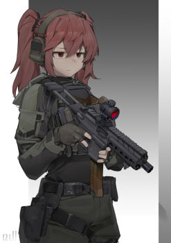 1girl absurdres artist_name belt belt_pouch black_belt black_jacket brown_background buckle chinese_commentary closed_mouth commandant_(pgr) commentary commission cowboy_shot ear_protection expressionless fingerless_gloves gloves gradient_background green_gloves green_jacket green_pants gun hair_between_eyes headphones highres holding holding_gun holding_weapon holster hood hood_down hooded_jacket jacket long_hair magazine_(weapon) multicolored_jacket null_(user_zske3258) optical_sight pants pouch punishing:_gray_raven red_eyes red_hair sidelocks sig_mpx sig_sauer simple_background snap-fit_buckle submachine_gun tactical_clothes twintails two-tone_jacket weapon white_background