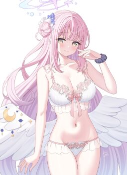 1girl absurdres bare_shoulders blue_archive blue_scrunchie bra closed_mouth collarbone commentary feathered_wings fingernails hair_bun hand_up highres kurumi_lm long_hair looking_at_viewer low_wings mika_(blue_archive) navel panties pink_hair scrunchie simple_background smile solo standing stomach underwear very_long_hair white_background white_bra white_panties white_wings wings yellow_eyes