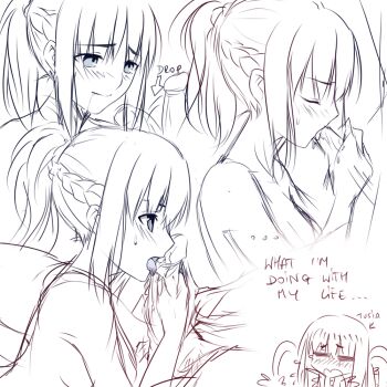 1girl =_= artist_self-insert bad_id bad_pixiv_id blue_eyes blush braid breasts chibi chibi_inset cleavage closed_eyes crying cum cum_in_mouth english_text fate/apocrypha fate/stay_night fate_(series) fellatio half_up_braid hetero monochrome mordred_(fate) mordred_(fate/apocrypha) oral partially_colored penis ponytail sketch spot_color tusia