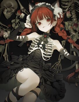 1girl :3 :p alternate_costume bare_shoulders bead_necklace beads black_bow black_bowtie black_flower black_nails black_ribbon black_rose black_sleeves bone bow bowtie braid closed_mouth collared_dress commentary_request cross-laced_clothes cross-laced_dress dress dress_ribbon extra_ears fang feet_out_of_frame flower frilled_dress frilled_shirt_collar frilled_sleeves frills gem hair_bow hand_up high-low_dress high-low_skirt highres invisible_chair jewelry kaenbyou_rin leaning_to_the_side long_hair long_sleeves looking_at_viewer medium_dress necklace rcs_4 red_eyes red_flower red_gemstone red_hair red_tulip ribbon rose sitting skeleton skin_fang skull sleeve_bow sleeveless sleeveless_dress solo tongue tongue_out touhou tulip twin_braids twintails very_long_hair white_flower white_tulip wispy_bangs