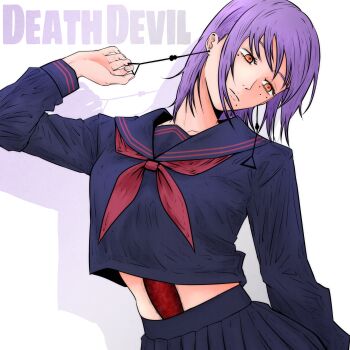 1girl black_sailor_collar black_serafuku black_skirt chainsaw_man character_name closed_mouth commentary_request death_devil_(chainsaw_man) deep_wound earrings fami_(chainsaw_man) highres injury isuke_(isuke_now) jewelry mole mole_under_eye mole_under_mouth multiple_moles neckerchief purple_hair red_neckerchief sailor_collar school_uniform serafuku skirt solo spoilers yellow_eyes