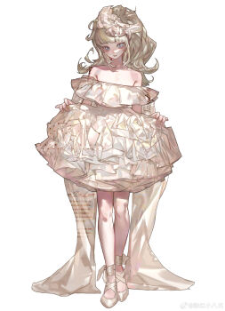 1girl absurdres ballet_slippers bare_shoulders blonde_hair blue_eyes blush commentary dot_nose dress fenhong_xio_ba_zhua frilled_dress frilled_hairband frills full_body hairband highres long_hair looking_at_viewer off-shoulder_dress off_shoulder original ponytail shoes short_dress simple_background solo standing symbol-only_commentary white_background white_dress white_shoes white_theme