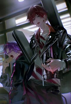 2boys alternate_costume black_jacket cigarette cowboy_shot eating food hair_between_eyes hashtag-only_commentary highres holding holding_cigarette holding_food instrument_case instrument_case_on_back jacket jewelry lauren_iroas long_hair long_sleeves looking_at_viewer male_focus multiple_boys nijisanji open_clothes open_jacket open_mouth parted_bangs ponytail purple_hair r9ckst6r red_hair ring short_hair side_ponytail smoking tongue tongue_out virtual_youtuber watarai_hibari