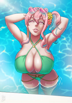 1girl armpits arms_behind_head arms_up bikini blue_hair breasts cleavage covered_erect_nipples curvy female_focus flower flower_on_head heart heart-shaped_pupils highres hozuki_kaede large_breasts lips long_hair looking_at_viewer multicolored_hair navel onii-chan_wa_oshimai! pink_eyes pink_hair side_ponytail solo swimsuit symbol-shaped_pupils two-tone_hair valenvenge wet wide_hips