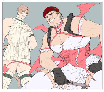 2boys absurdres animal_collar animal_ears bara beret black_gloves blonde_hair brown_hair cat_boy cat_ears cat_tail closed_eyes collar curtained_hair dress gloves hat highres holding holding_knife holding_weapon jack_krauser knife knife_sheath large_pectorals leon_s._kennedy looking_at_viewer male_focus multiple_boys muscular muscular_male on_(isk1812) pectorals resident_evil resident_evil_4 resident_evil_4_(remake) scar scar_across_eye scar_on_face sheath short_hair smile tail teeth weapon white_dress