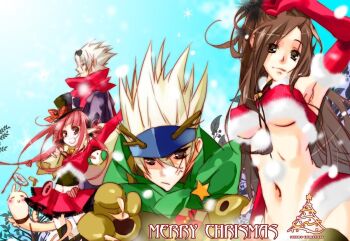 00s 2boys 2girls anger_vein animal_hands annoyed armpits breasts brown_eyes brown_hair christmas christmas_tree cigarette donut dungeon_and_fighter elbow_gloves english_text fake_antlers fighter_(dungeon_and_fighter) food fur_trim gift gift_bag gloves happy hat hat_ribbon holidays large_breasts long_hair looking_at_viewer mage_(dungeon_and_fighter) male_gunner_(dungeon_and_fighter) male_slayer_(dungeon_and_fighter) merry_christmas midriff miniskirt multiple_boys multiple_girls pink_hair pleated_skirt pointy_ears red_gloves red_hair ribbon santa_costume scarf short_hair skirt smile spiked_hair spirits strapless text_focus thighhighs top_hat tube_top underboob white_hair