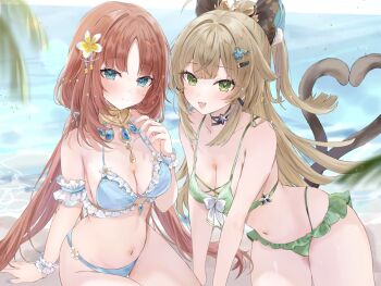 2girls alternate_costume aqua_eyes bikini blue_bikini blue_gemstone blue_nails breasts brown_hair cat_girl cat_tail cleavage closed_mouth gem genshin_impact green_bikini green_eyes highres kirara_(genshin_impact) long_hair looking_at_viewer maruro multiple_girls multiple_tails navel nekomata nilou_(genshin_impact) outdoors red_hair smile stomach swimsuit tail two_tails