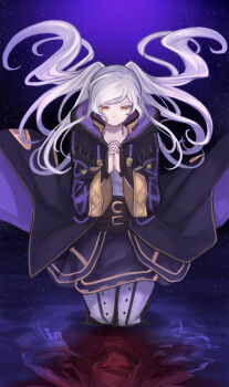 1girl absurdres black_coat coat female_robin_(fire_emblem) female_robin_(grima)_(fire_emblem) fire_emblem fire_emblem_awakening floating_hair grima_(fire_emblem) highres hood hood_down hooded_coat long_hair long_sleeves nintendo open_clothes open_coat orange_eyes own_hands_clasped own_hands_together partially_submerged shirt solo twintails white_hair white_shirt zuzu_(ywpd8853)