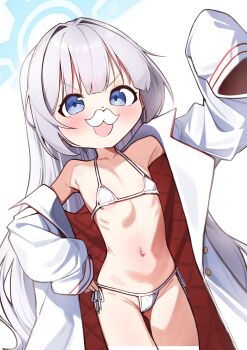 1girl bikini blue_archive blue_eyes blue_halo cherino_(blue_archive) coat coat_on_shoulders coat_partially_removed facial_hair fake_facial_hair fake_mustache halo highres led_winter loli micro_bikini multicolored_coat mustache navel open_mouth swimsuit white_background white_bikini white_coat white_hair white_mustache