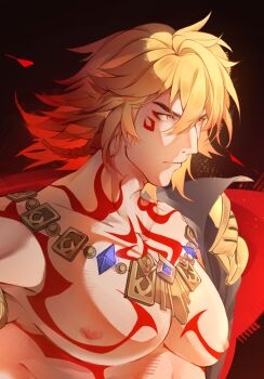 Rule 34 | 1boy, arm tattoo, armlet, black coat, blonde hair, braid, cape, chest tattoo, coat, commentary, earrings, facial tattoo, gold earrings, gold necklace, gradient hair, highres, honkai: star rail, honkai (series), jewelry, large pectorals, male focus, medium hair, multicolored hair, mydei (honkai: star rail), necklace, open clothes, open coat, pectorals, pelmysh puk, red cape, red hair, red tattoo, side braid, side cape, solo, untranslatable commentary, tattoo, yellow eyes