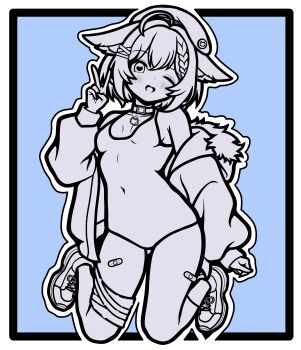 1girl :d absurdres ahoge animal_collar animal_ear_fluff animal_ears bandaged_leg bandages bandaid_on_thigh beret blue_background blush border braid breasts cat_ears cat_girl cat_pendant collar covered_navel ears_down hair_ornament hand_up hat heart heart-shaped_pupils highres hood hood_down hooded_jacket indie_virtual_youtuber jacket kneeling looking_at_viewer michiyo_mao monochrome off_shoulder one-piece_swimsuit one_eye_closed open_mouth pendant_choker shoes short_hair small_breasts smile sneakers solo swimsuit symbol-shaped_pupils v virtual_youtuber white_border x_hair_ornament yeizer