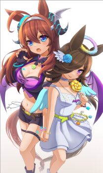 2girls absurdres ahoge alternate_costume angel angel_wings animal_ears bat_ornament belt black_gloves black_shorts blue_eyes blue_wings blush bracelet breasts brown_hair candy choker cleavage closed_mouth crop_top demon_girl demon_wings dress fingerless_gloves food gloves grey_hairband hair_between_eyes hair_over_one_eye hairband halloween halloween_costume halo head_wings highres holding holding_candy holding_food holding_hands holding_lollipop horse_ears horse_girl horse_tail jewelry large_breasts lollipop long_hair looking_at_viewer midriff mihono_bourbon_(umamusume) multiple_girls navel necklace open_mouth pumpkin_ornament purple_eyes purple_shirt purple_wings rice_shower_(umamusume) roppaku shirt shorts silver_hairband sleeveless sleeveless_dress smile swirl_lollipop tail thigh_strap tongue tongue_out umamusume white_dress wings