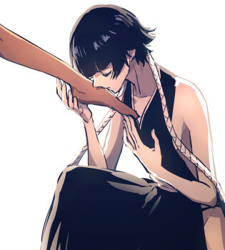 2girls bleach braid closed_eyes commentary_request dark-skinned_female dark_skin foot_worship interracial japanese_clothes long_hair low_twin_braids multiple_girls nigatsumikka on_one_knee shihouin_yoruichi short_hair_with_long_locks sui-feng twin_braids very_long_hair yuri