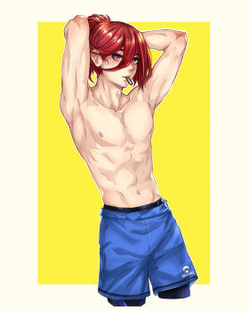 1boy abs androgynous armpits arms_behind_head arms_up blue_lock blue_shorts chigiri_hyoma commentary cowboy_shot hair_between_eyes hair_tie hair_tie_in_mouth highres male_focus max_art149 mouth_hold navel nipples red_eyes red_hair shorts solo toned toned_male topless_male tying_hair yellow_background