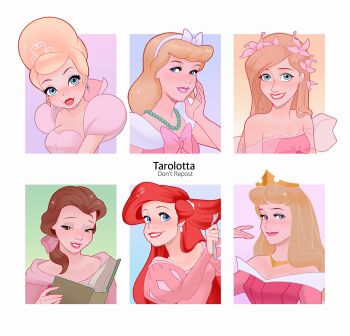 6+girls animal_ears ariel_(disney) artist_name aurora_(disney) bead_necklace beads beauty_and_the_beast_(disney) belle_(disney) blonde_hair blue_eyes book bow breasts brown_eyes brown_hair brushing_hair charlotte_la_bouff cinderella_(disney_character) cinderella_(disney_movie) commentary_request disney disney_princess dress earrings enchanted fork giselle_(disney) grin hair_bow hair_over_shoulder hairband half-closed_eyes highres holding holding_book holding_fork jewelry juliet_sleeves long_sleeves medium_breasts multiple_drawing_challenge multiple_girls necklace off-shoulder_dress off_shoulder pink_lips princess puffy_sleeves red_hair red_lips six_fanarts_challenge sleeping_beauty_(disney) small_breasts smile tarolotta the_little_mermaid_(disney) the_princess_and_the_frog_(disney) tiara white_hairband