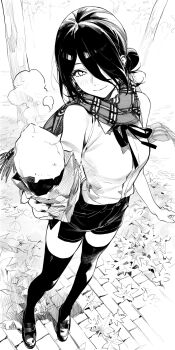 1girl black_hair blush breasts chainsaw_man drowsy_sheep food full_body hair_bun happy head_tilt highres leaf monochrome offering_food park reze_(chainsaw_man) scarf shirt short_hair shorts single_hair_bun sleeveless sleeveless_shirt small_breasts smile