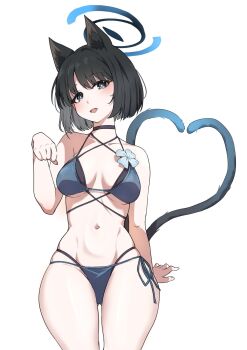 Rule 34 | 1girl, :d, animal ear fluff, animal ears, arm up, bakeneko, bare arms, bare hips, bare legs, bare shoulders, bikini, black bikini, black choker, black eyes, black hair, black tail, blue archive, blue bikini, blue halo, blue tail, blush, breasts, cat ears, cat girl, cat tail, choker, clov3r, colored inner animal ears, commentary, crotch, curvy, extra ears, flower, flower ornament, full body, gradient tail, halo, highres, invisible table, kikyou (blue archive), kikyou (swimsuit) (blue archive), layered bikini, looking at viewer, lying, medium breasts, multi-strapped bikini bottom, multiple tails, navel, official alternate costume, on side, open mouth, outdoors, paw pose, short hair, smile, solo, stomach, swimsuit, tail, thick thighs, thighs, two tails, underboob, white flower, wide hips