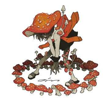 1girl bim0ngsam0ng black_skirt brown_hair clothes_around_waist colored_skin crossed_wrists faceless faceless_female facing_down fairy_ring fly_agaric full_body grey_skin growing_out_of_body jacket jacket_around_waist leaning_forward legs_apart medium_hair mushroom mushroom_on_head original red_jacket shirt signature simple_background skirt slippers socks solo standing toeless_footwear v_arms white_background white_shirt white_socks