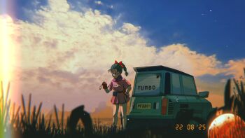 1girl blue_eyes blue_hair broonoart brown_gloves bulma car dragon_ball dragon_ball_(classic) dragon_ball_(object) gloves hand_on_own_hip high_braided_ponytail highres motor_vehicle outdoors pink_shirt pink_skirt renault renault_5_turbo shirt skirt solo standing wide_shot