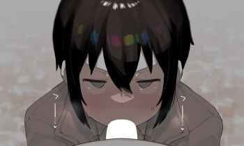 1boy 1girl absurdres black_hair blue_eyes censored fellatio hans.b hetero highres jacket jitome kino_(kino_no_tabi) kino_no_tabi looking_at_viewer looking_up oral penis pov pov_crotch reverse_trap solo_focus sweat