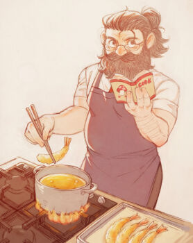 1boy apron asd4486 bara beard belly bespectacled book chopsticks cooking cooking_pot dungeon_meshi dwarf facial_hair glasses high_ponytail highres holding holding_book holding_chopsticks long_beard looking_at_viewer male_focus mature_eyes mustache ponytail senshi_(dungeon_meshi) solo sparse_arm_hair standing stove thick_mustache very_long_beard