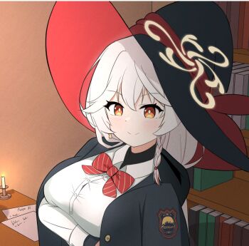 blue_archive book bookshelf bow bowtie braid candle chomgae coat coat_on_shoulders crossed_arms earrings eri_(blue_archive) halo hat highres jacket jewelry letter long_coat long_hair orange_eyes orb room shirt skirt stool sweater white_hair witch_hat