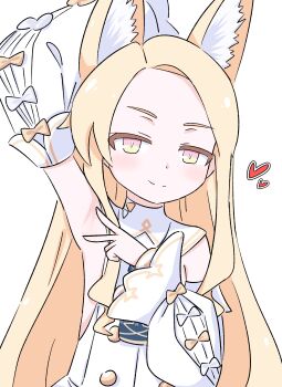 1girl absurdres animal_ears arm_up armpits blonde_hair blue_archive closed_mouth dress female_focus fox_ears fox_girl heart highres jua loli long_hair multicolored_eyes pink_eyes seia_(blue_archive) simple_background smile solo spread_armpit white_background yellow_eyes