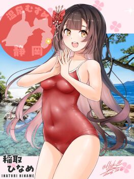 1girl black_hair blue_sky blunt_bangs breasts brown_eyes cloud colored_inner_hair commentary_request competition_school_swimsuit covered_navel dated day flick_(sal23) hair_ornament highres inatori_hiname medium_breasts multicolored_hair one-piece_swimsuit onsen_musume open_mouth outdoors pink_hair red_one-piece_swimsuit round_teeth school_swimsuit sky solo steepled_fingers swimsuit teeth twitter_username upper_teeth_only