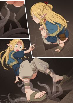 1girl anus bad_tag blonde_hair braid clothes_pull dungeon_meshi elf feet female female_focus grabbing green_eyes highres hole imminent_tentacle_rape indoors marcille_donato multiple_views open_mouth pants pants_pull peeing pointy_ears pussy restrained squatting surprised tentacles tentacles_around_ankles twin_braids uncensored yamomo yamomono