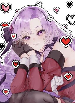 absurdres argyle_clothes argyle_thighhighs armpit_crease bare_shoulders black_gloves blush choker claw_ring commentary diamond_hair_ornament dress drill_hair drill_sidelocks gloves hairband hands_on_own_cheeks hands_on_own_face heart highres hyakumantenbara_salome hyakumantenbara_salome_(1st_costume) juliet_sleeves long_hair long_sleeves looking_at_viewer nijisanji pixel_heart puffy_cheeks puffy_sleeves purple_choker purple_eyes purple_hair purple_ribbon red_dress red_sleeves ribbon sidelocks simple_background symbol-only_commentary thighhighs ukinowakrn virtual_youtuber white_background