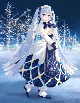 1girl beret blue_eyes blue_gloves blue_hair book capelet closed_mouth dress full_body fuumi_(radial_engine) gloves hat hatsune_miku holding holding_book long_hair long_sleeves looking_at_viewer official_art outdoors shoes smile snow solo twintails vocaloid white_capelet white_hat white_shoes winter winter_clothes yuki_miku yuki_miku_(2021)