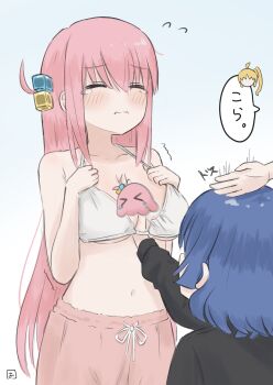 3girls absurdres arm_between_breasts between_breasts blue_background blue_hair blush bocchi_the_rock! bra breasts closed_eyes closed_mouth commentary_request cube_hair_ornament gotoh_hitori gotoh_hitori_(octopus) gradient_background haco_(user_usmg5523) hair_ornament highres ijichi_nijika long_hair medium_breasts multiple_girls navel one_side_up short_hair speech_bubble translation_request underwear white_bra yamada_ryo