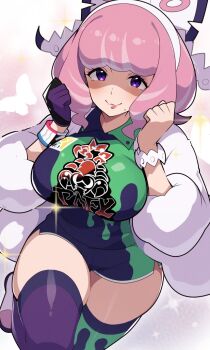 1girl bow bracelet breasts clenched_hands collared_shirt drill_hair drill_sidelocks dynamax_band eyeshadow flipped_hair fur_jacket hair_bow hairband hands_up jacket jewelry klara_(pokemon) large_breasts makeup mituyota_76 mole mole_under_mouth nintendo pink_eyeshadow pink_hair pink_lips pokemon pokemon_swsh print_shirt print_shorts purple_eyes ring shaded_face shirt short_hair shorts side_slit side_slit_shorts sidelocks smile solo thick_thighs thighs two-tone_shirt two-tone_shorts two-tone_thighhighs white_bow white_hairband